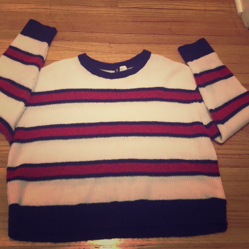 White with red and navy blue stripes sweater